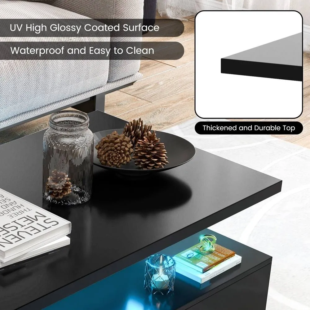 Costway Modern 2Tier Coffee Table Center Table w/ Adjustable LED light in Black 6