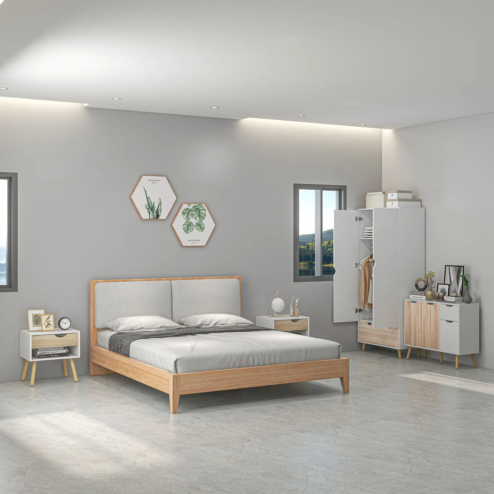 HOMCOM Wardrobe w/ Hanging Rod 1 Side Cabinet 2 Bedside Tables w/ Storage in Natural