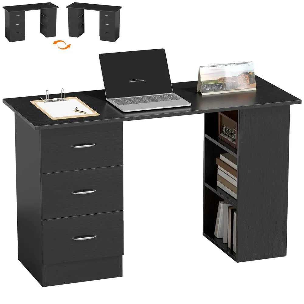 HOMCOM 120cm PC Table Workstation Computer Desk with Drawers & 3 Shelf Black 2