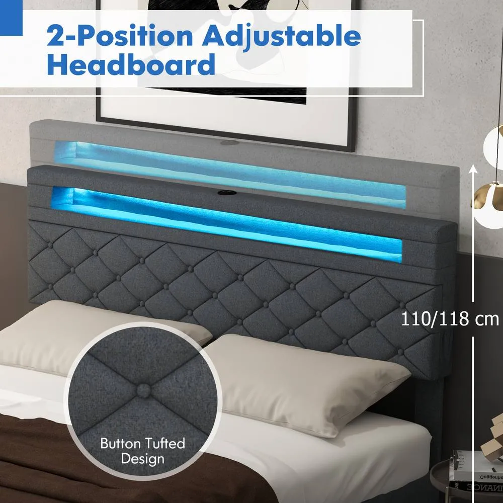 Costway King Size Modern Upholstered Bed Frame with Led Lights in Grey 4