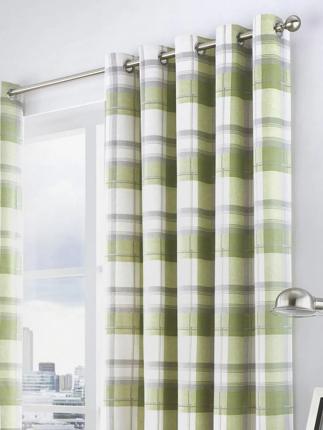 Fusion 'Balmoral Check' Country Checked Pattern Pair of Eyelet Curtains in Green 2