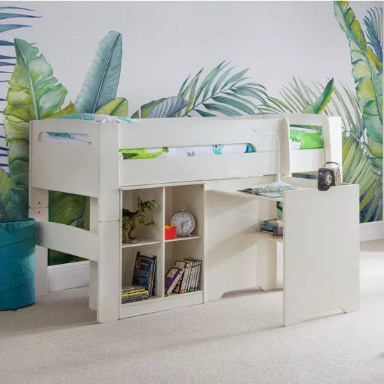 Pluto Bunk Bed With Bookcase And Study Desk In Stone White
