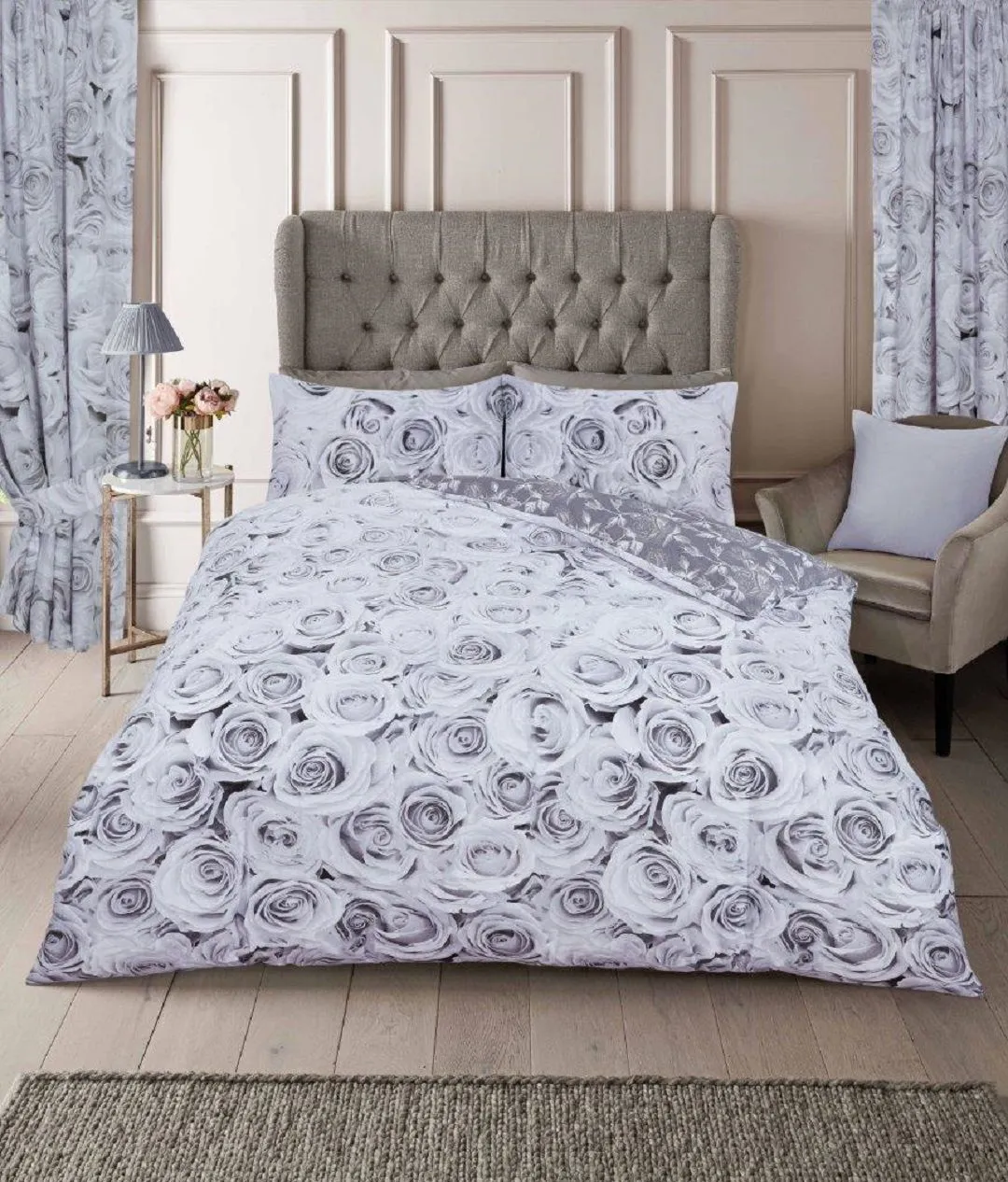 Smart Living Printed Polycotton Bellerose Duvet Cover With Pillowcases in Grey