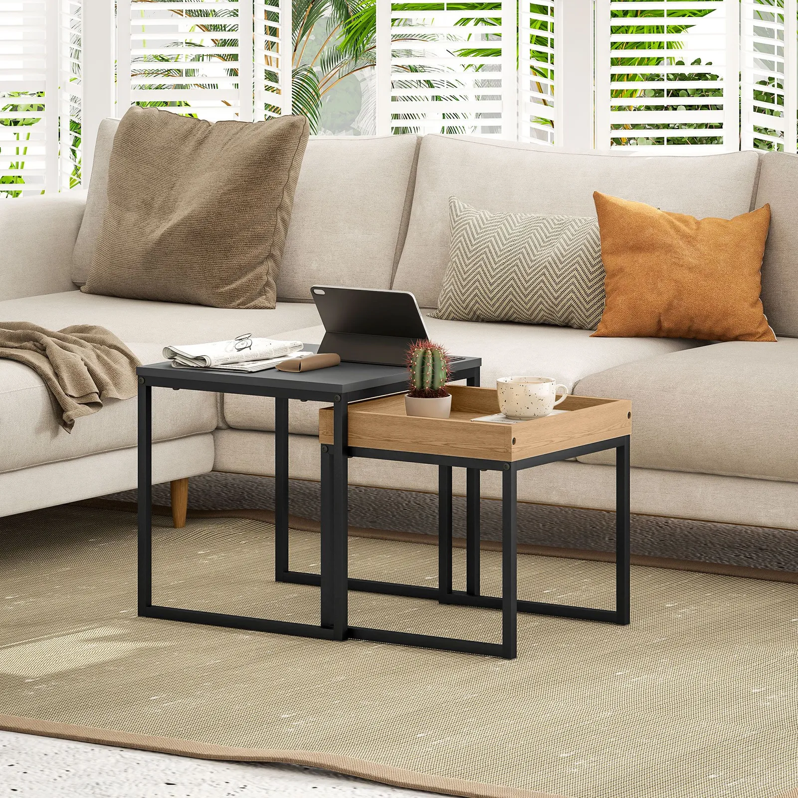 HOMCOM Modern Coffee Table Set Square Nest of Tables for Small Space in Black 2