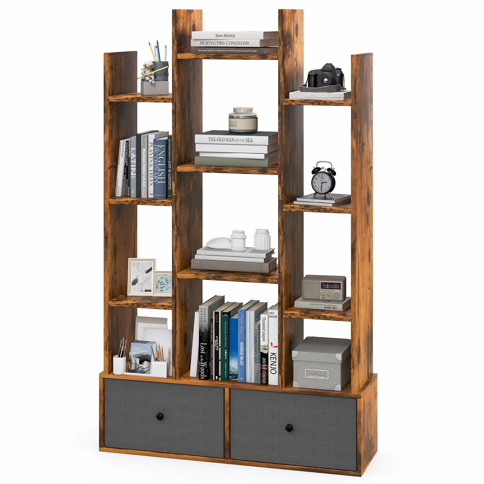 Costway 12 Tier Bookshelf Open Storage Wood Bookcase Organizer Display Shelf in Brown