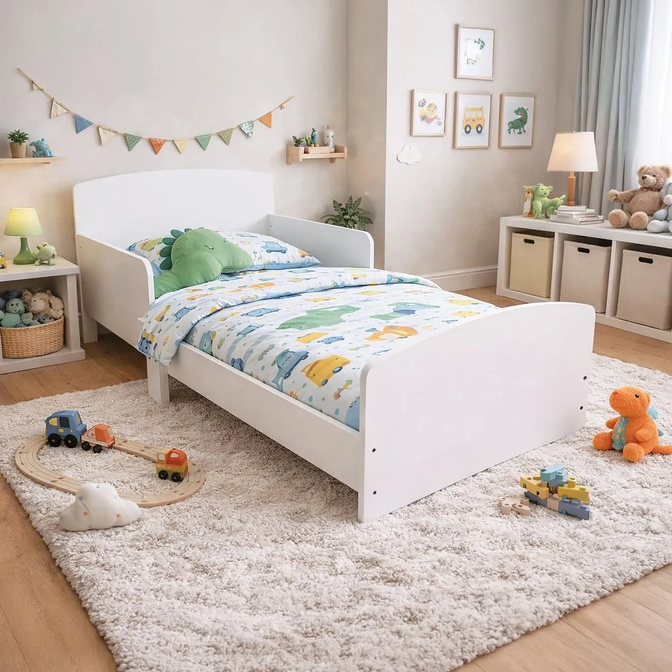 Calm - Toddler - Toddler Bed with Safety Railings - White - Wooden - 140 x 70cm - Happy Beds
