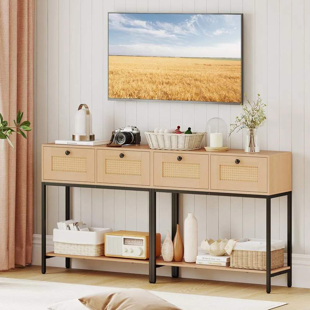 Costway 80CM Boho Console Table Modern Wooden Entryway Table w/2 Drawers in Natural 5