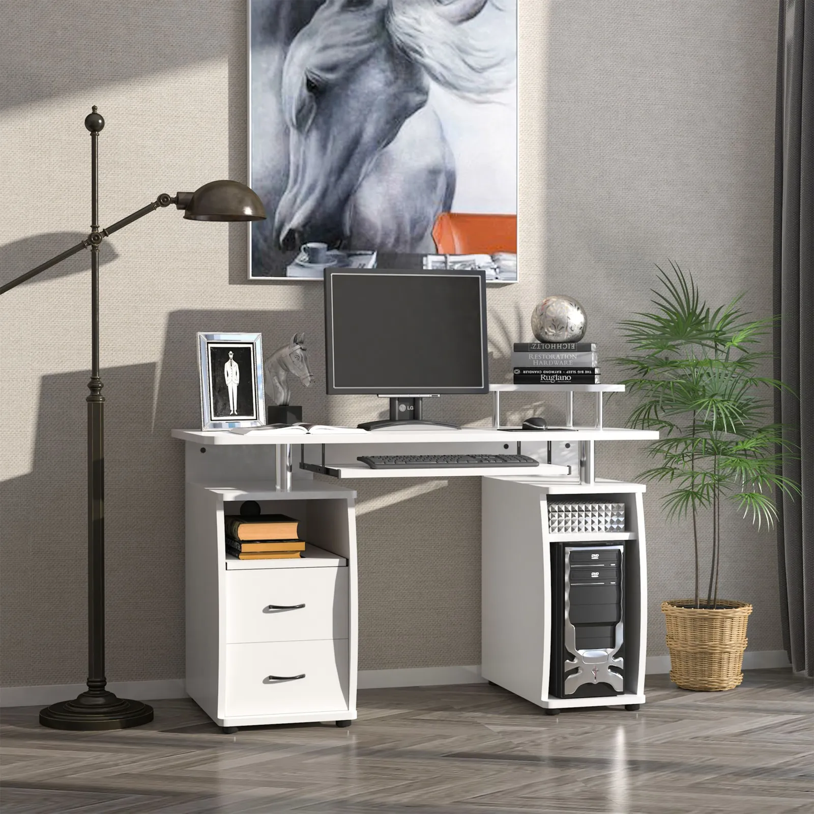 HOMCOM Computer Office Desk Table Workstation w/ Keyboard Tray, Drawer in White