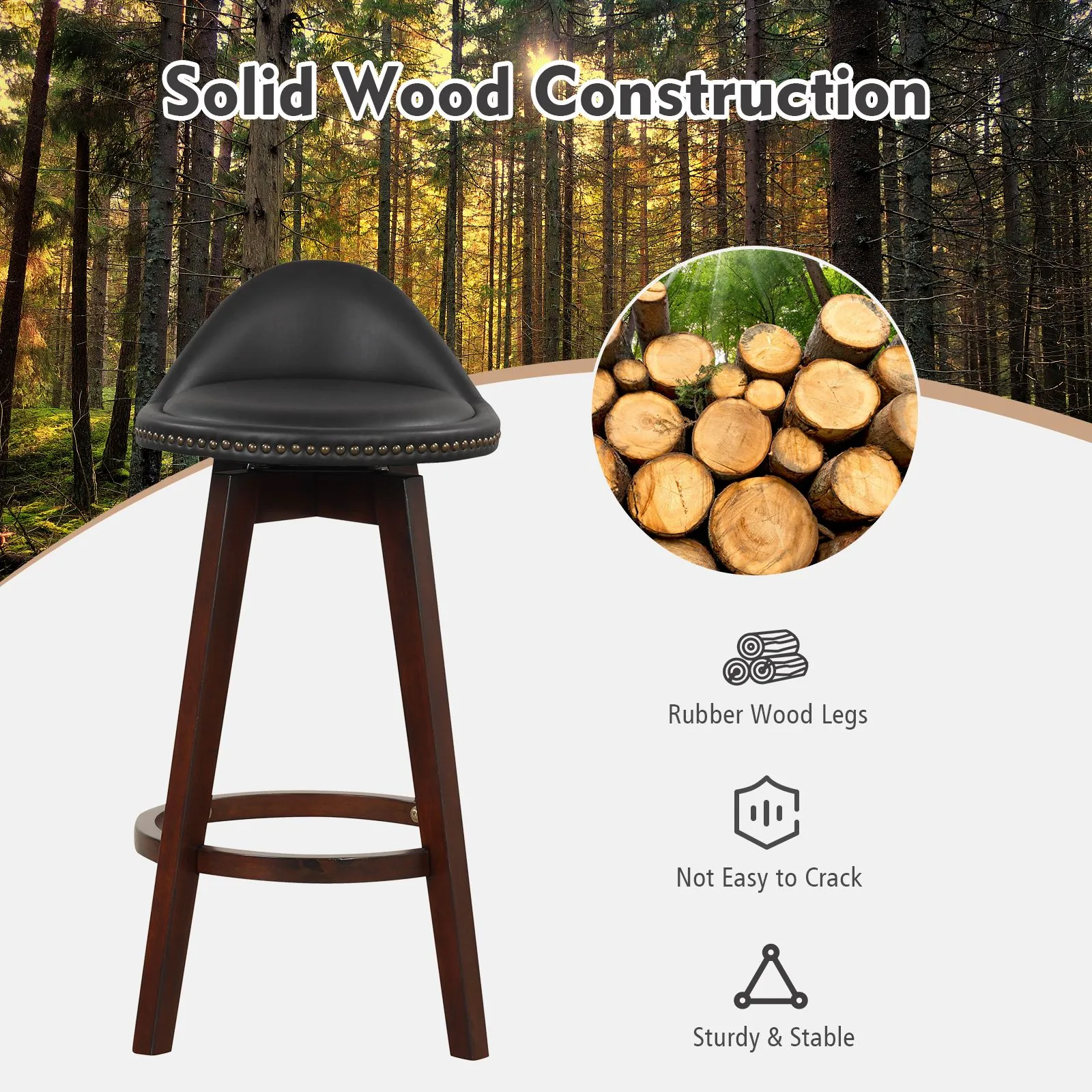 Costway Set of 2 Bar Stools PVC Leather Counter Height Chair 360° Swivel Padded Seat in Black 3