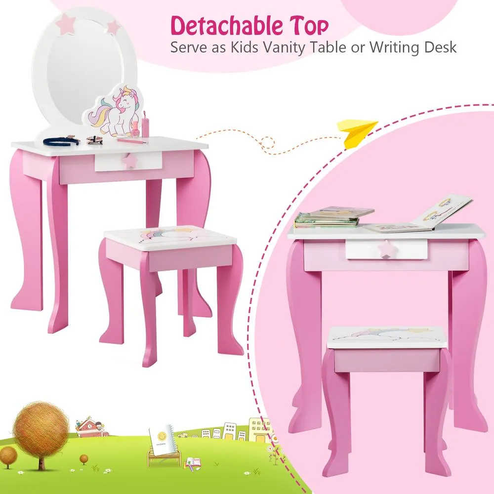 Costway 2 in 1 Vanity Table & Chair Set Princess Makeup Dressing Table Writing in Pink 2