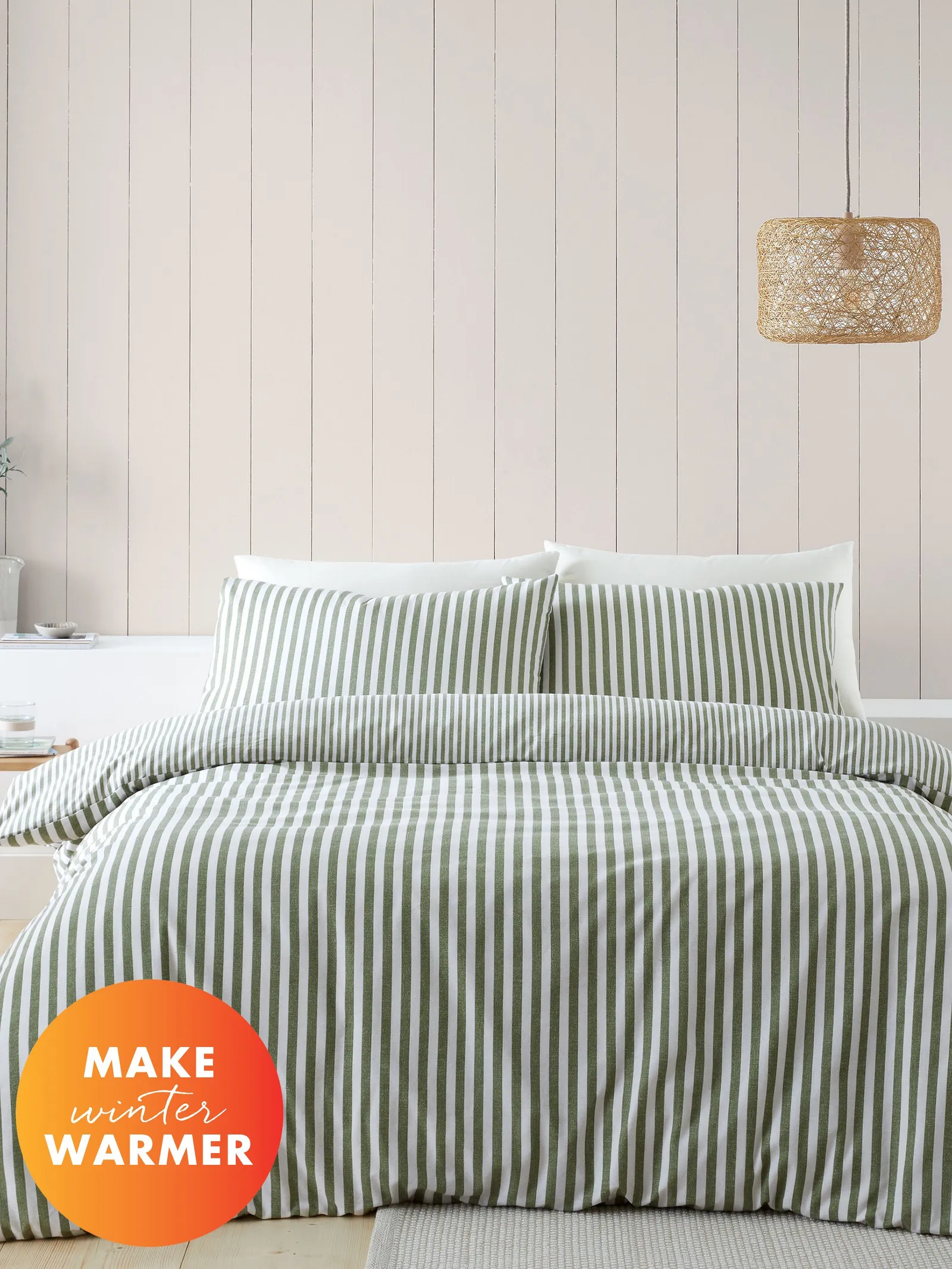 Catherine Lansfield Brushed Stripe 100% Cotton Duvet Cover Set in Green