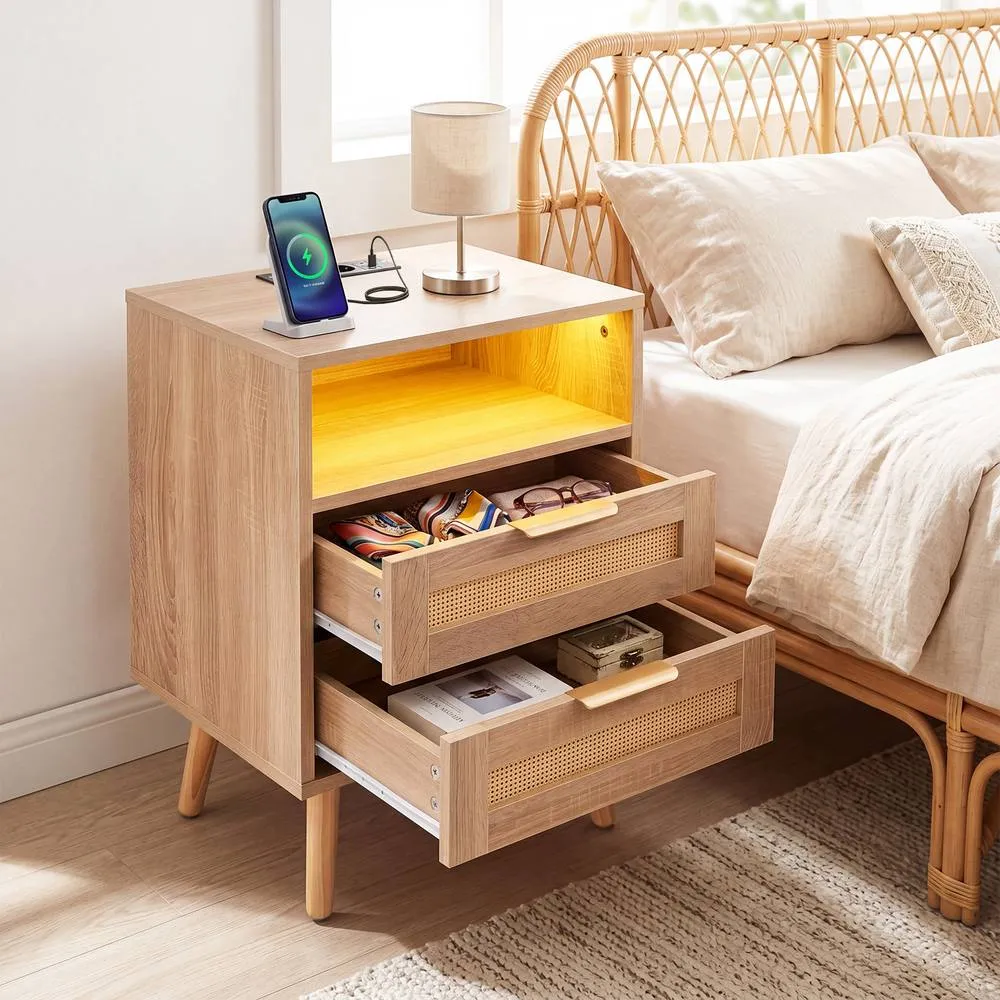 Costway Rattan Bedside Table with Charging Station & LED Lights in Natural 3