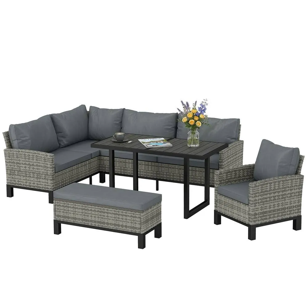 OUTSUNNY Rattan Garden Furniture Sofa Set, Outdoor Dining Set for 9, Grey in Dark Grey 2