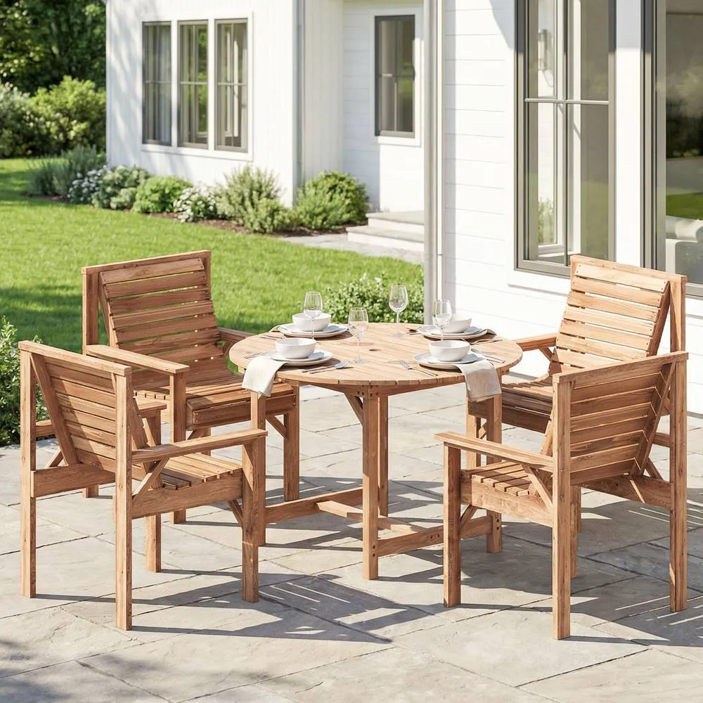 OUTSUNNY Garden Dining Set, Round Table & Chairs w/ Parasol Hole in Natural