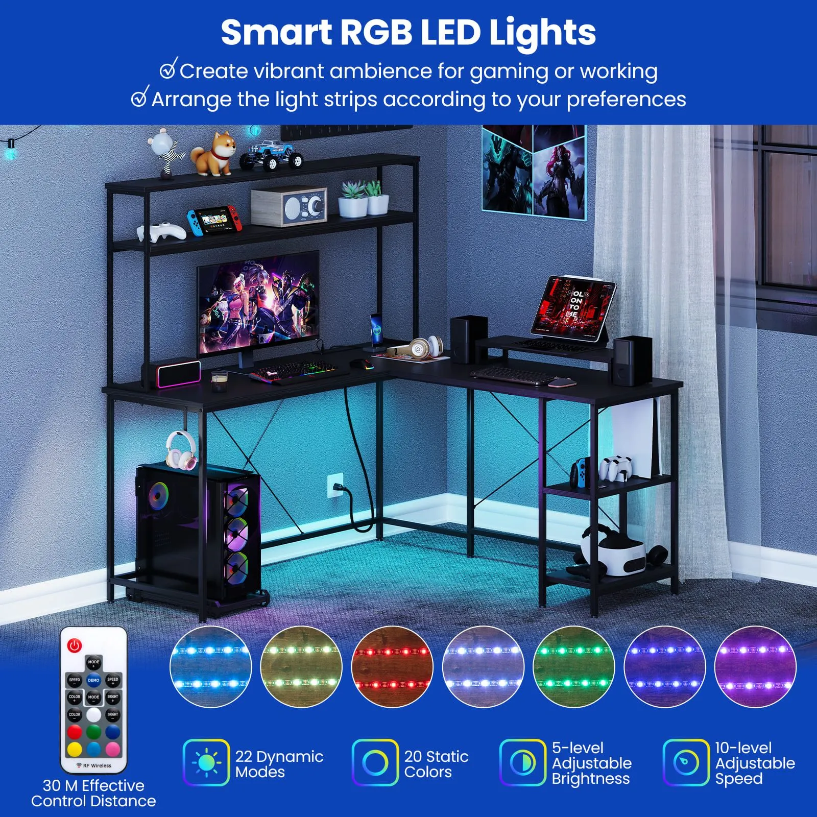 Costway L-Shaped Gaming Desk Reversible Corner Computer Desk w/LED Strip in Black 6