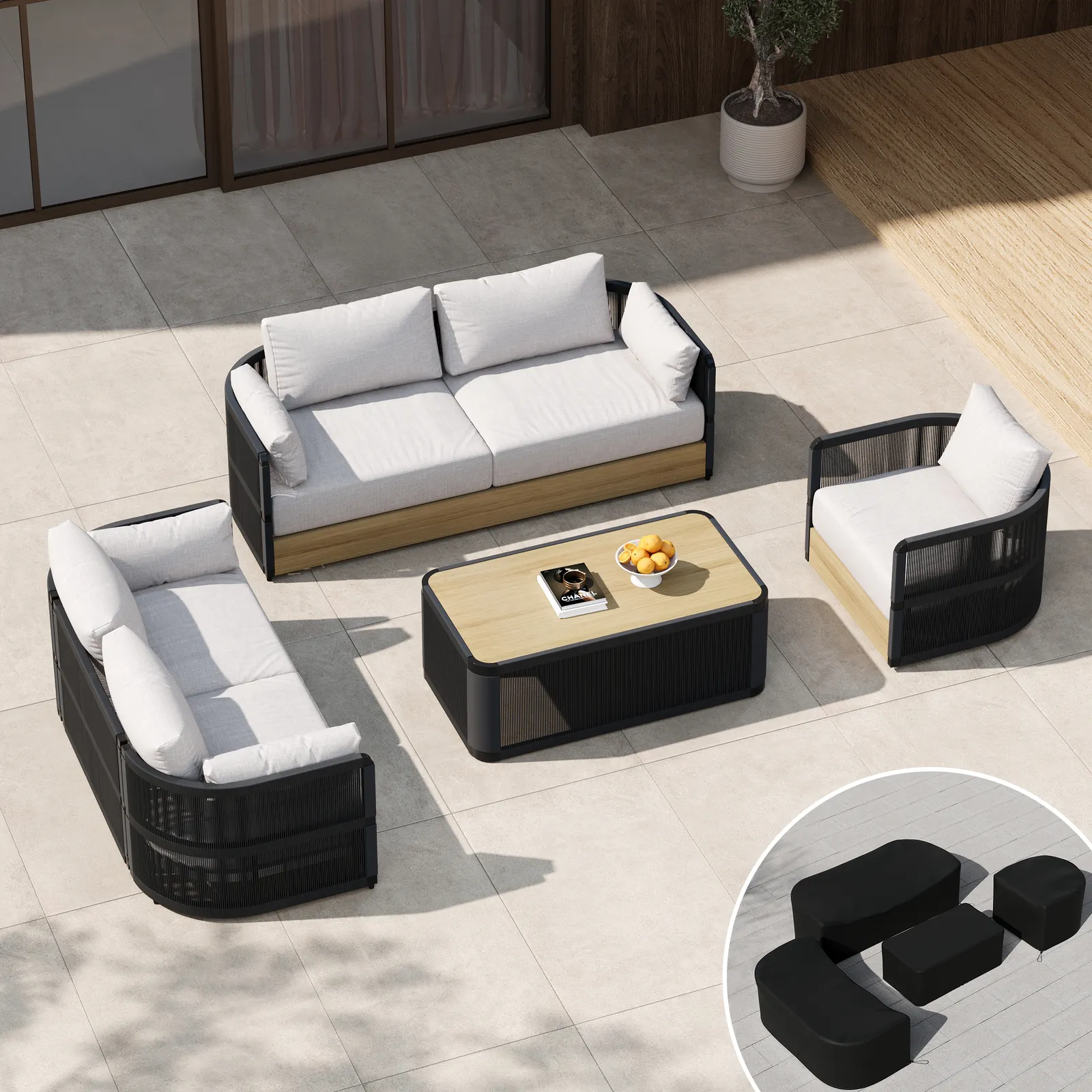 Costra Modern Aluminium & Rope Outdoor Swivel Sofa Set with Coffee Table & Cover in Black