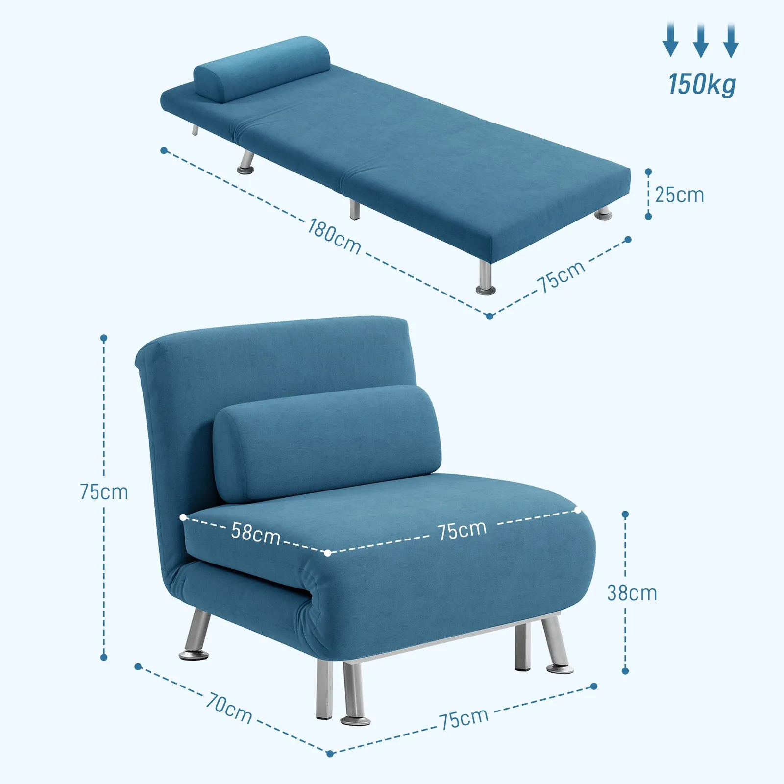 HOMCOM Folding 5 Position Convertible Sleeper Bedroom Chair Bed Blue 3