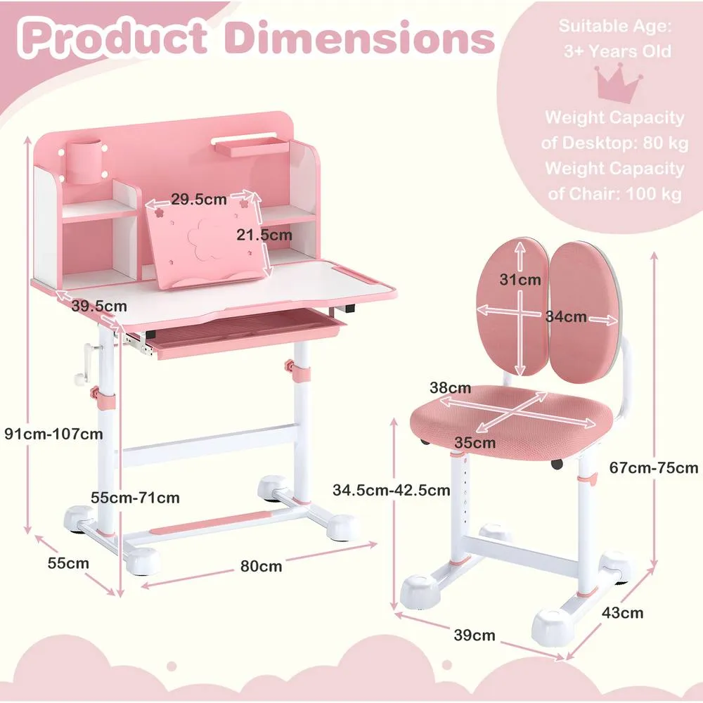 Costway Kid's Study Desk & Chair Set Adjustable Desk-Pink in Pink 6