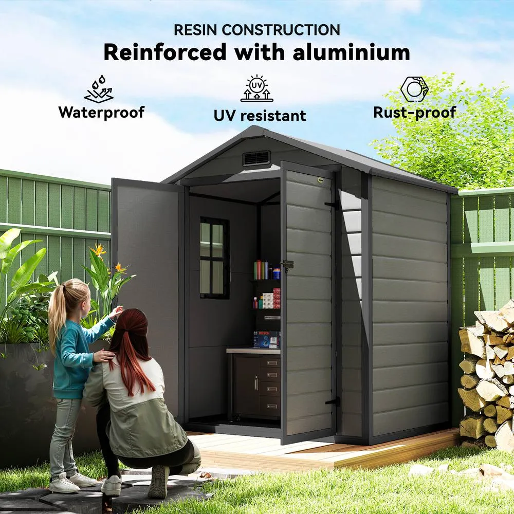 OUTSUNNY Garden Shed 6'x4.5' Plastic Tool Storage House Lockable Double Doors in Dark Grey 4