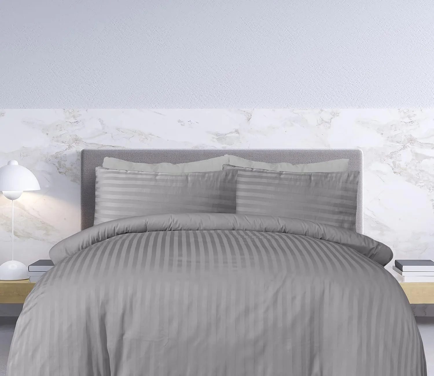 Smart Living Luxury Satin Stripe Reversible Duvet Cover Bedding Set with Pillowcase in Grey