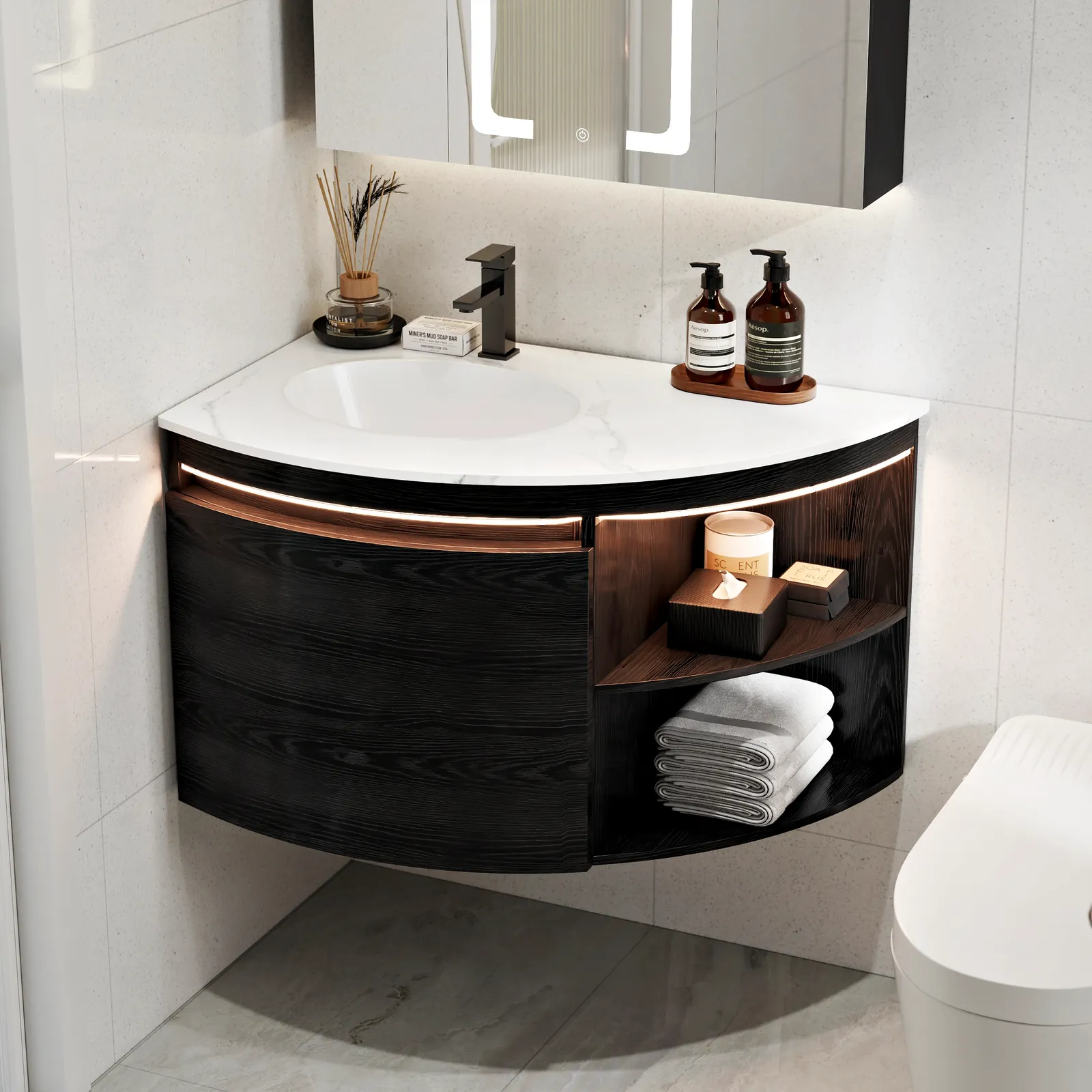 910mm Corner Bathroom Vanity with Storage & LED Sensor Light