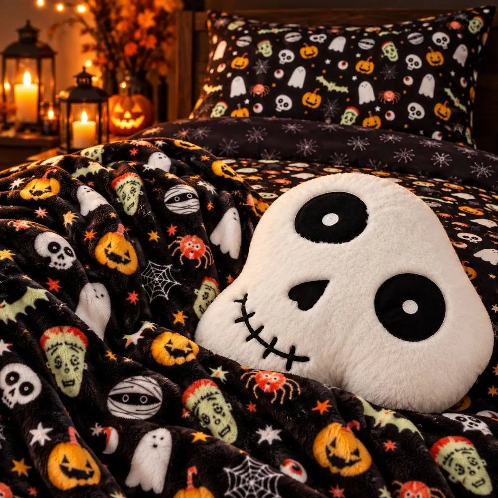 Smart Living 3 Piece Halloween Bedding Bundle Single Duvet Throw Skull Cushion in Black 3