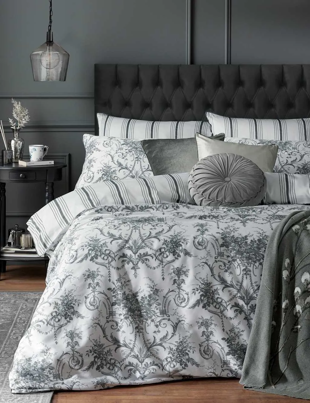 Laura Ashley Tuileries Pure Cotton Sateen Bedding Set Charcoal Mix