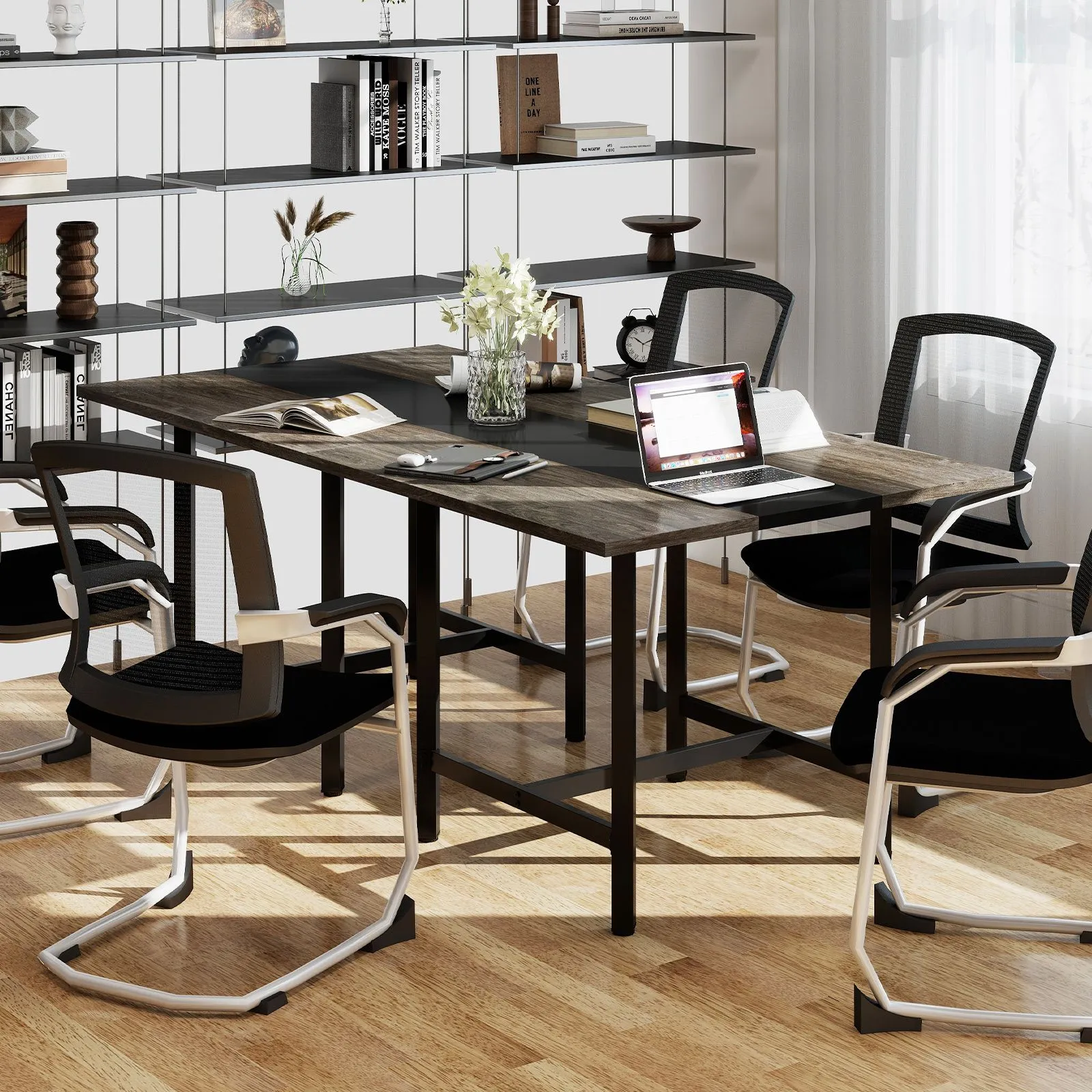 Costway 100CM Square Conference Table Meeting Room Table in Grey 6