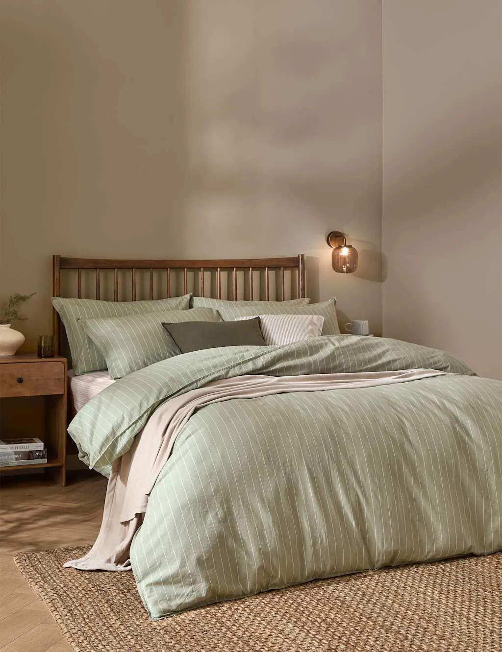 YARD Pure Cotton Percale Linear Stripe Bedding Set Green Mix