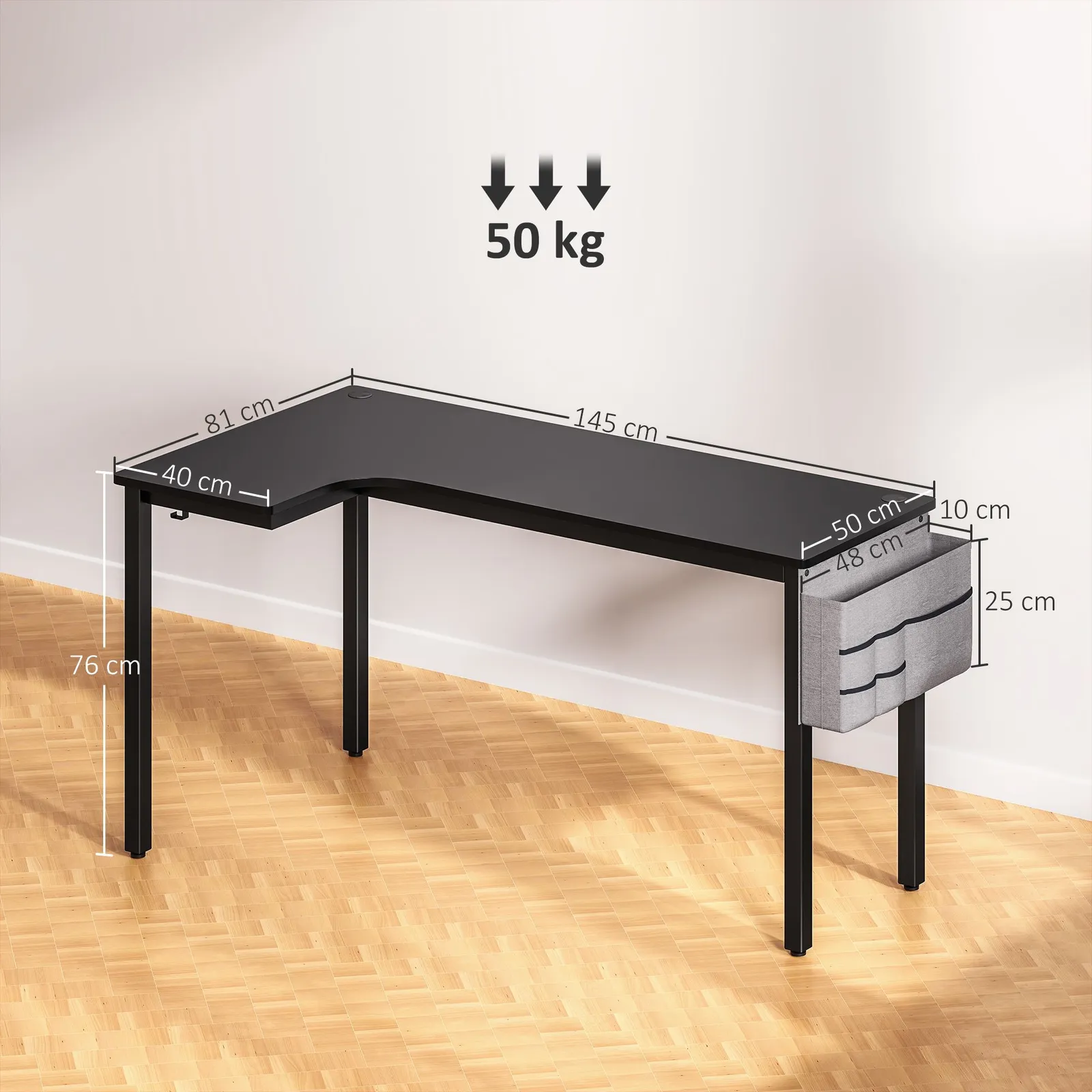 HOMCOM L-Shaped Corner Desk Computer with Fabric Bag & Hooks, Black 3