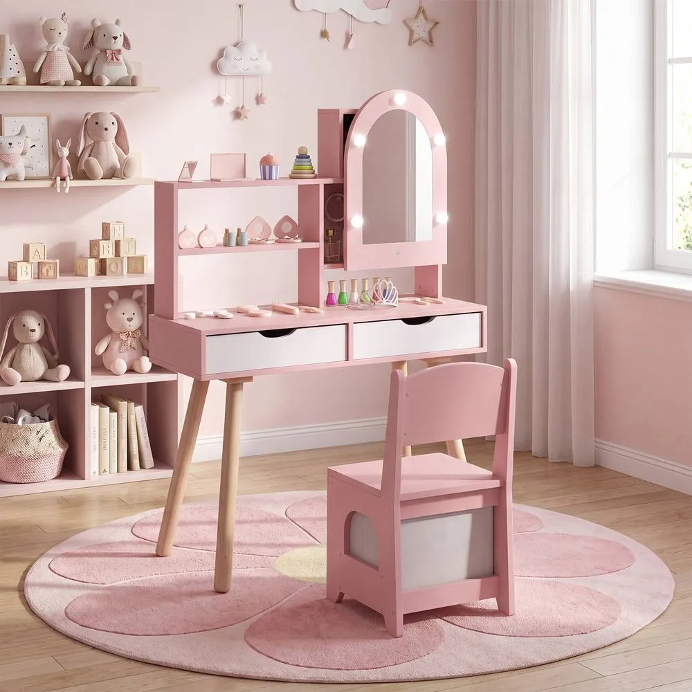 Costway 2-In-1 Princess Vanity Table & Chair Set with Mirror in Pink 5