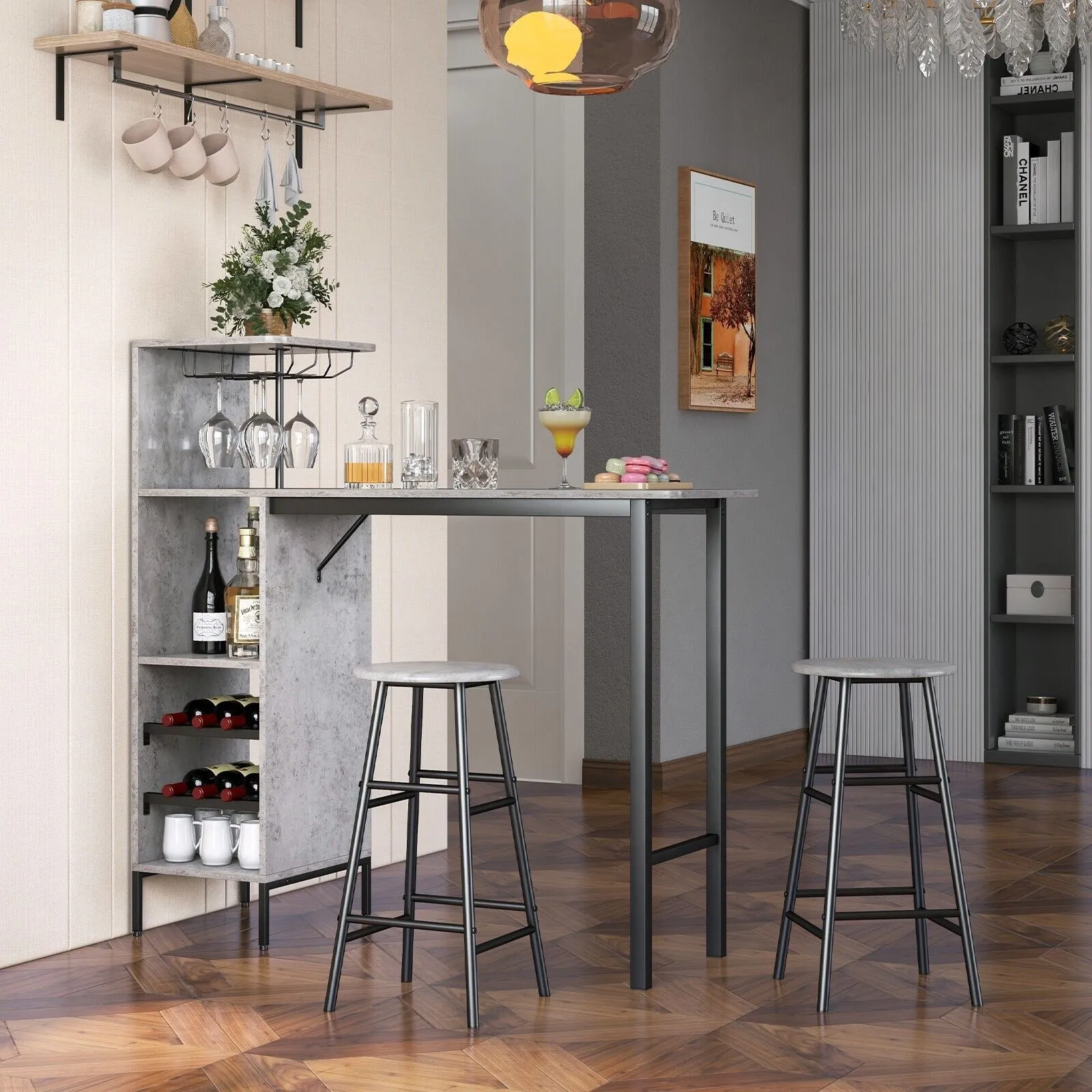 Costway 3PCS Bar Table & 2 Stool Industrial Kitchen Dining Set W/ Wine Rack Glass Holder in Grey 6