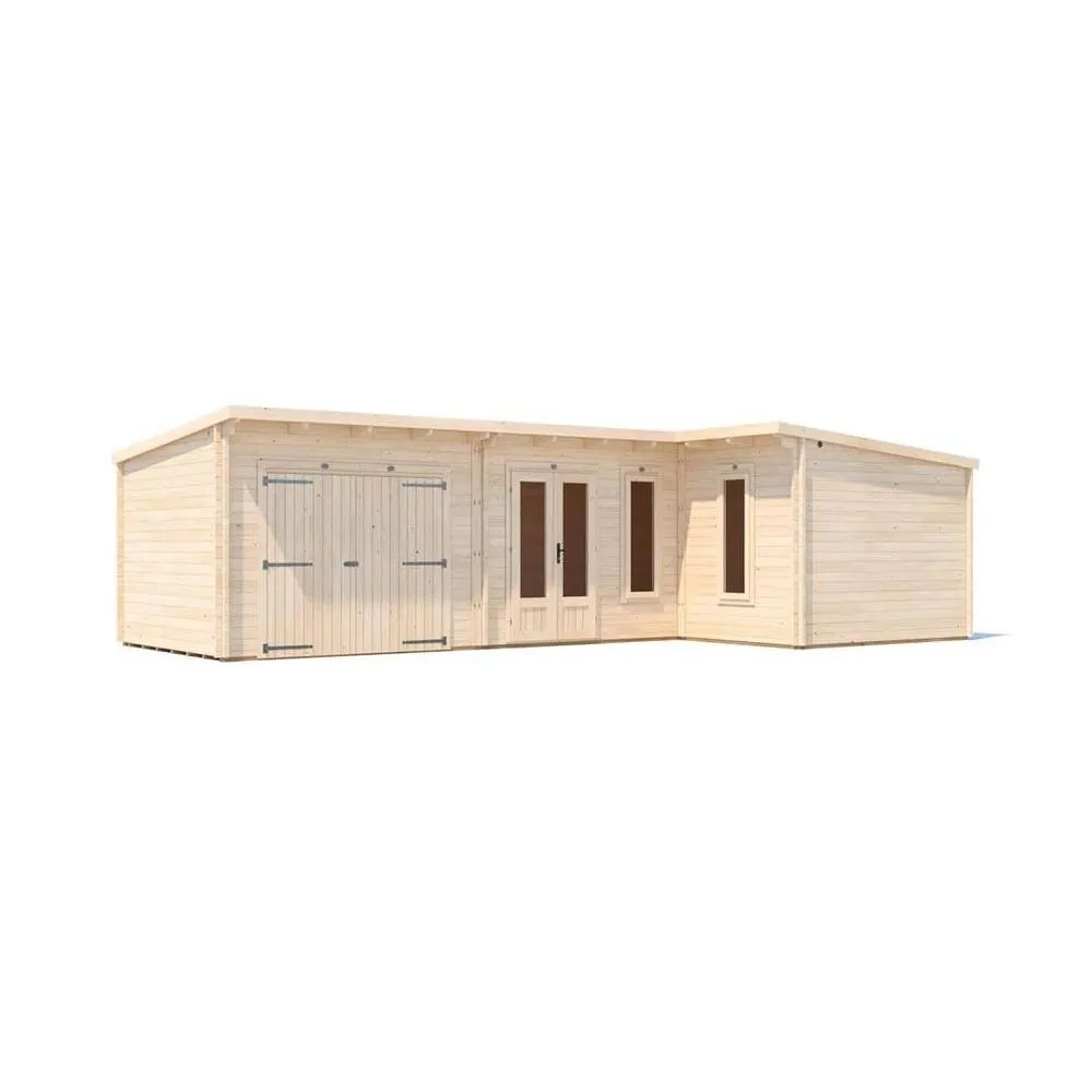 Dunster House L-Shaped Log Cabin W9m x D5m / 29' x 16'6" Pent, 24mm, DG - HellWolf in Brown