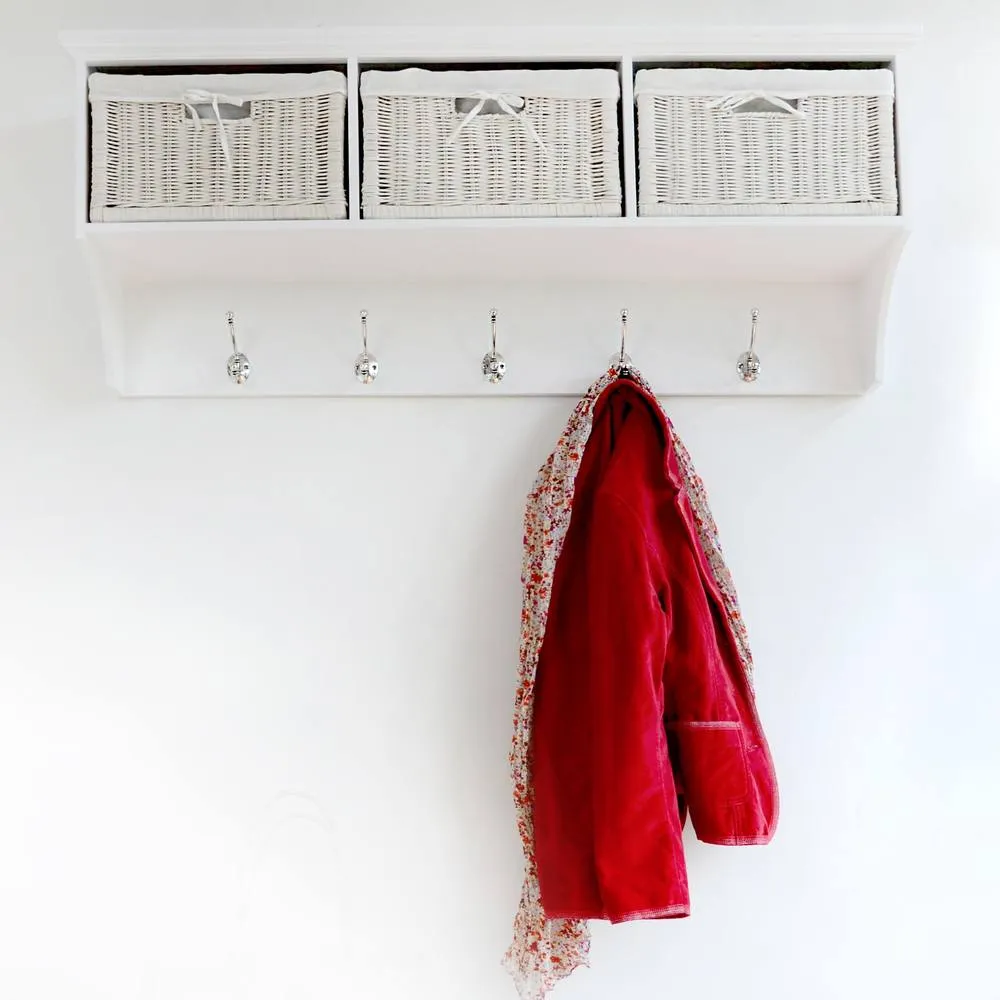 Statement Furniture Tetbury Large Hallway Coat Rack / Shelf with Wicker Storage Baskets in White 5