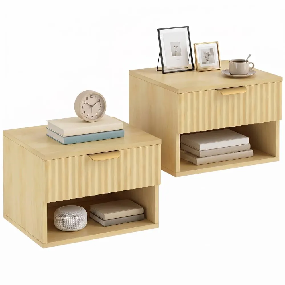 HOMCOM Floating Nightstands Set of 2, Wall Mounted Bedside Tables, Oak in Light Oak