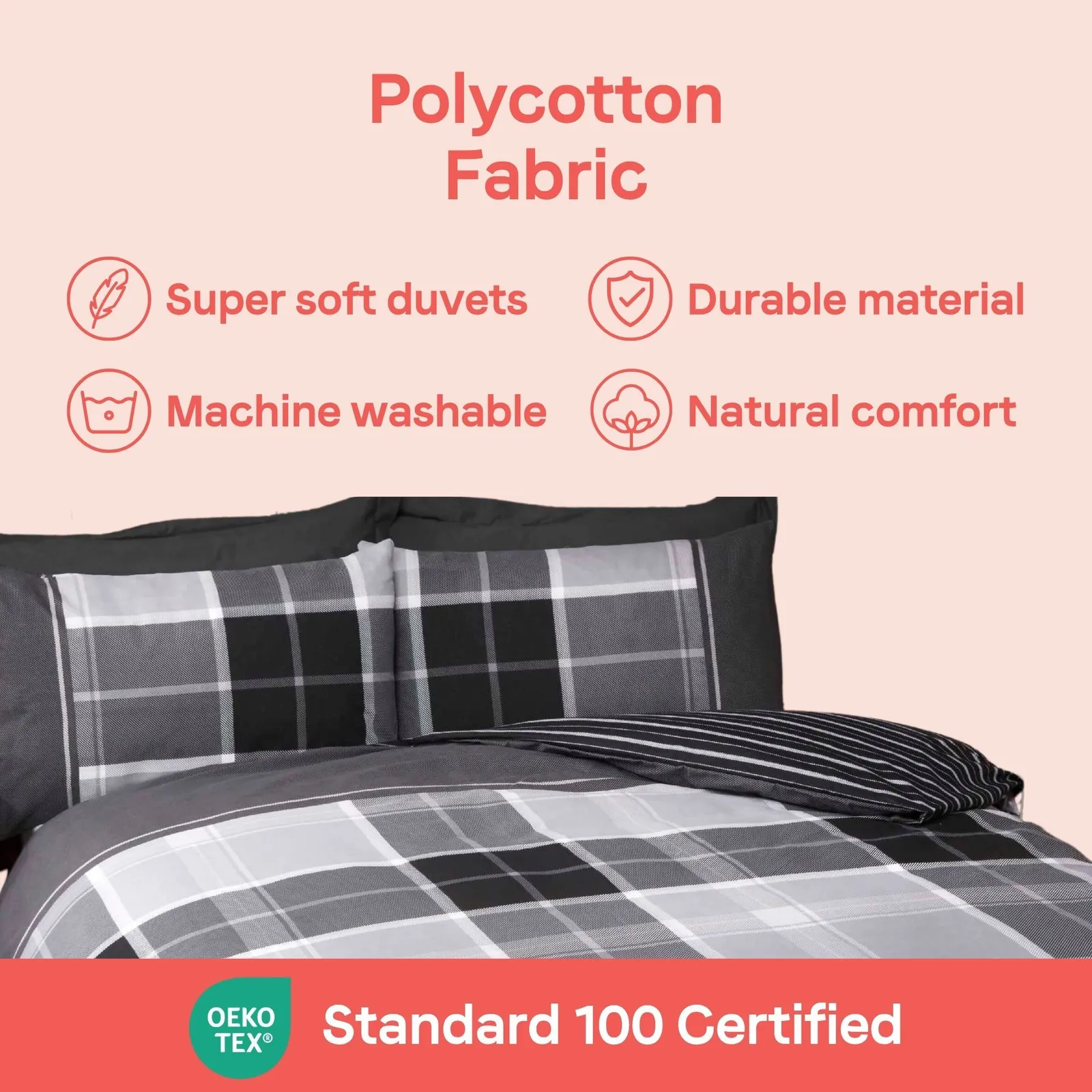 Rapport Home Argyle Design Tartan Polycotton Duvet Set With Pillowcase in Grey 6