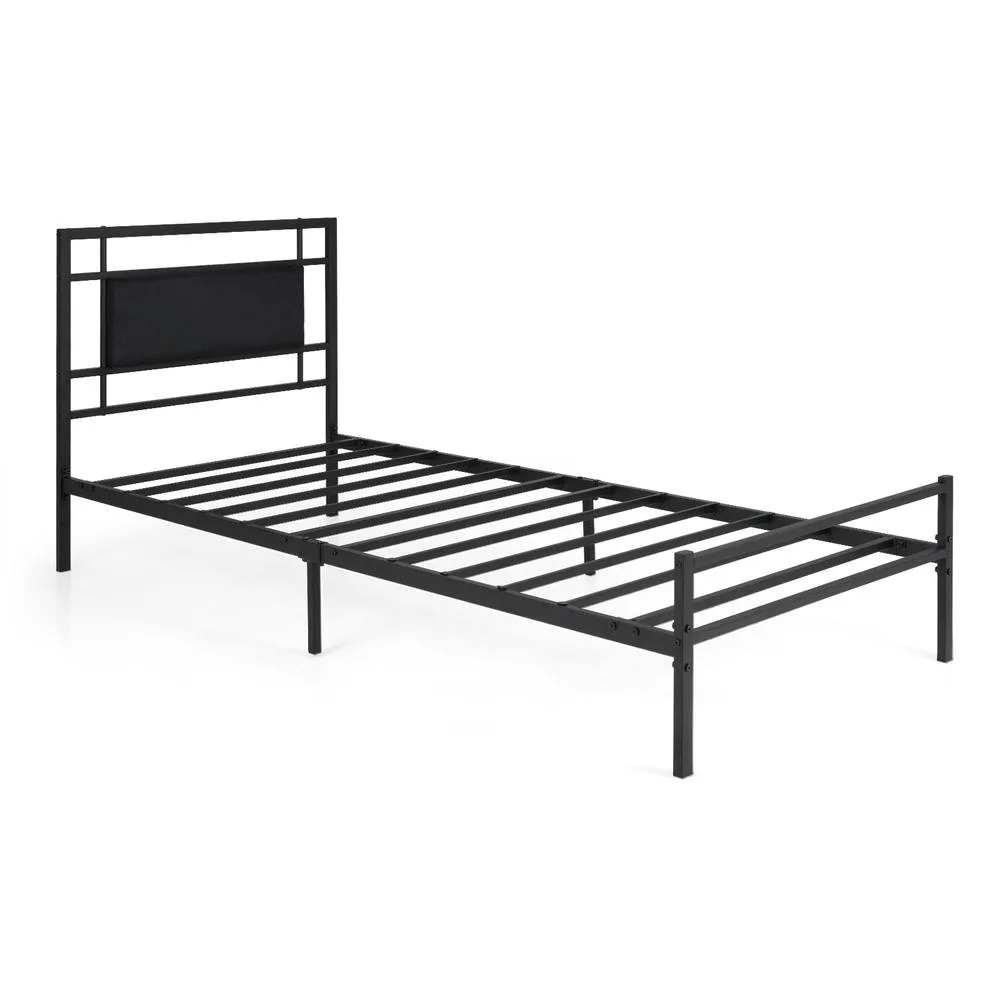 Costway Single Bed Frame with Upholstered Headboard & Metal Slats in Black