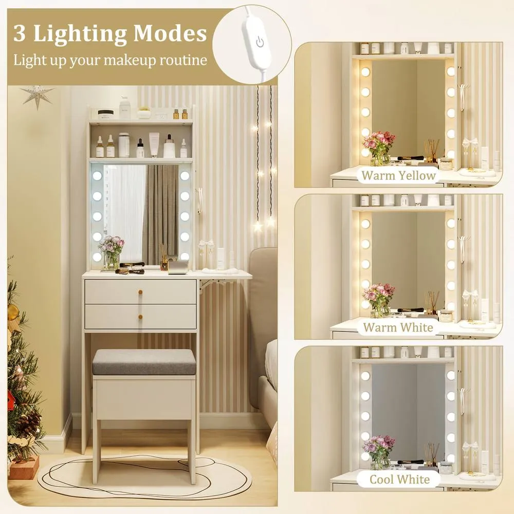 Costway Small Makeup Vanity Desk Dressing Table Set with Mirror & Lights in White 6