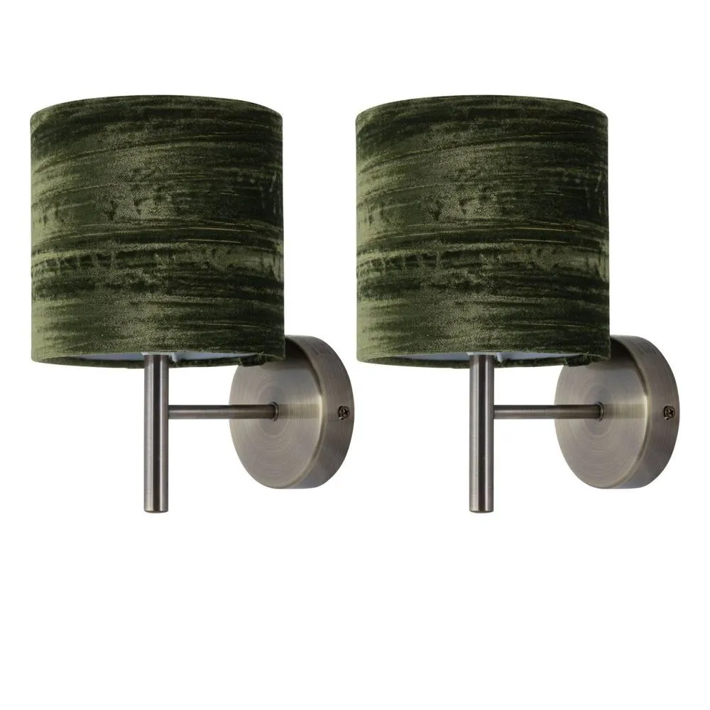 First Choice Lighting Set of 2 Brea - Antique Brass Wall Lights with Green Velvet Shades in Gold