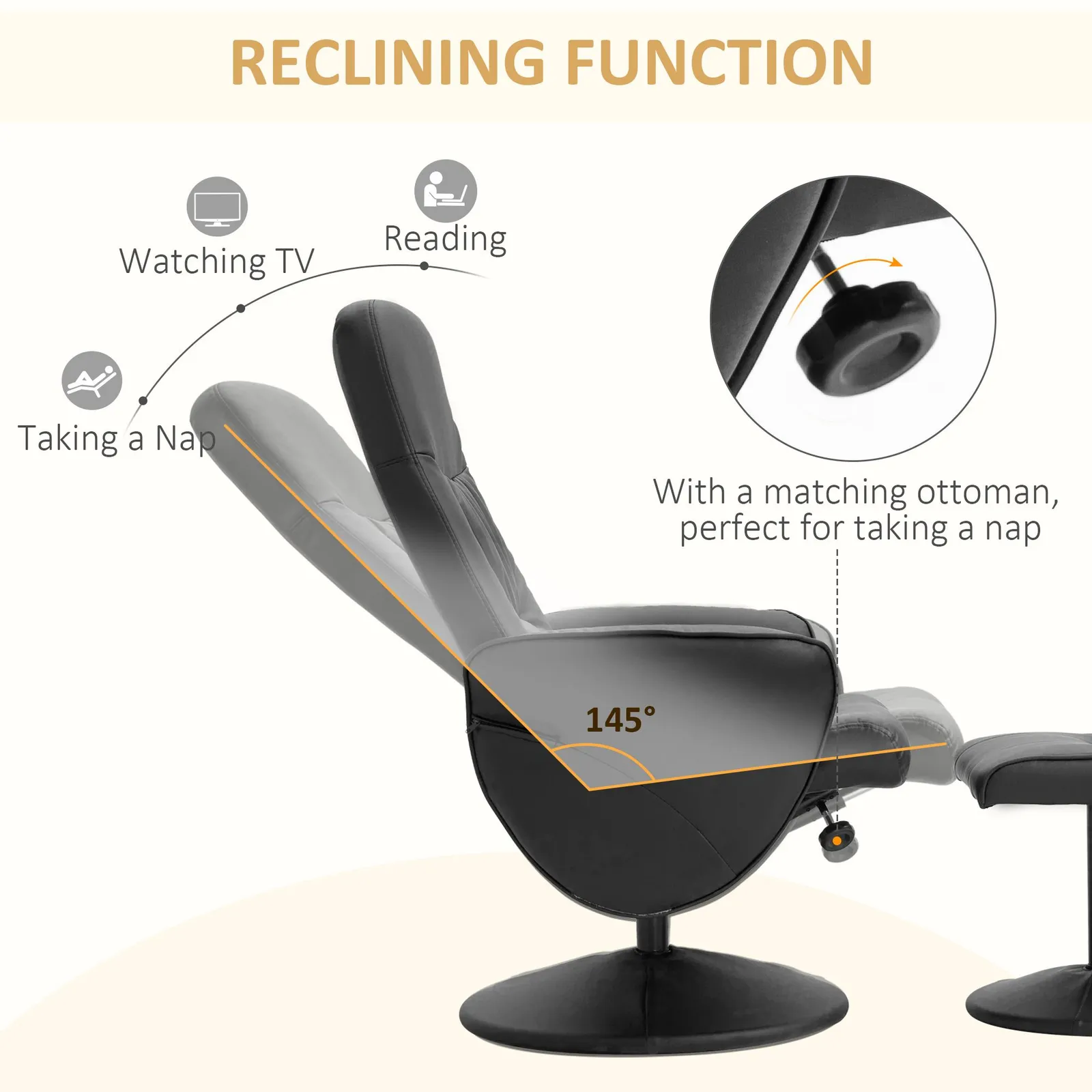 HOMCOM 2 Pcs Reclining Armchair Ottoman 360° Swivel Home Furniture PU Leather in Black 4