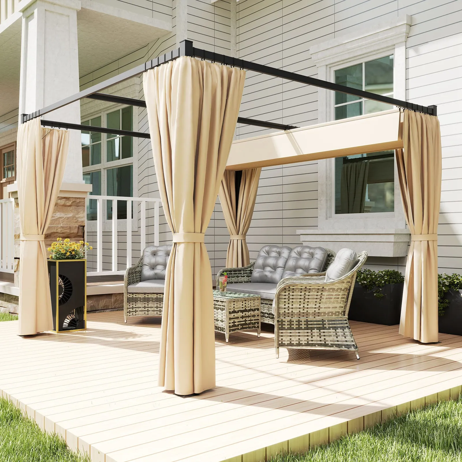 OUTSUNNY 3 x 3(m) Pergola with Retractable Roof & Curtains in Khaki 1