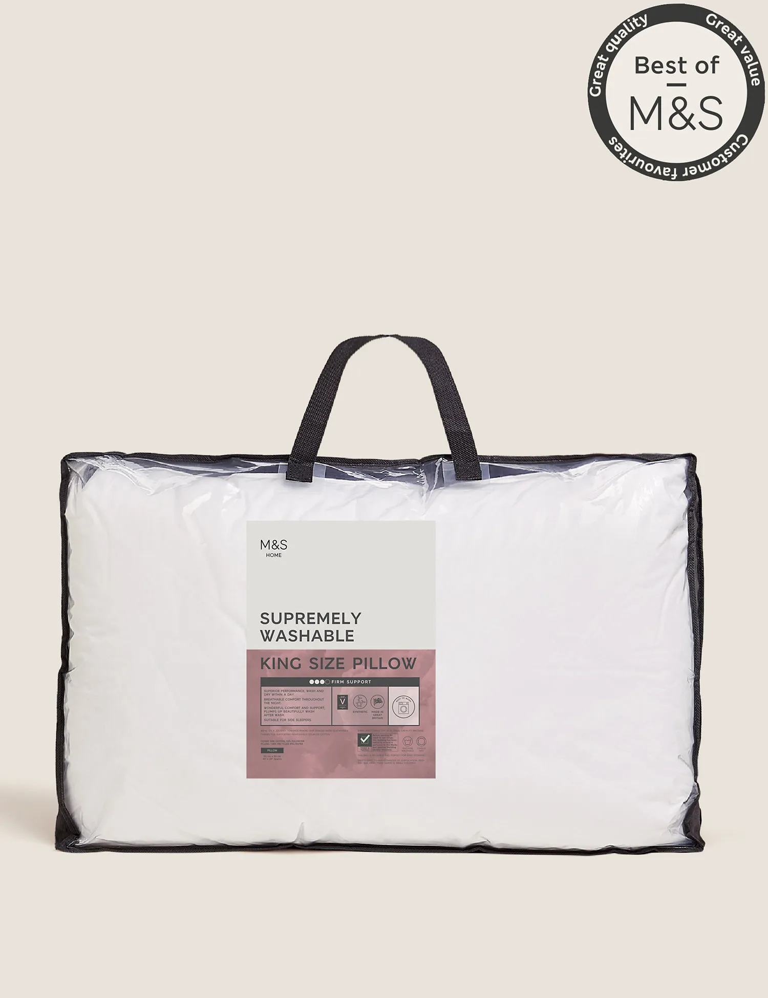 M&S Smart Wash & Dry Kingsize Firm Pillow White