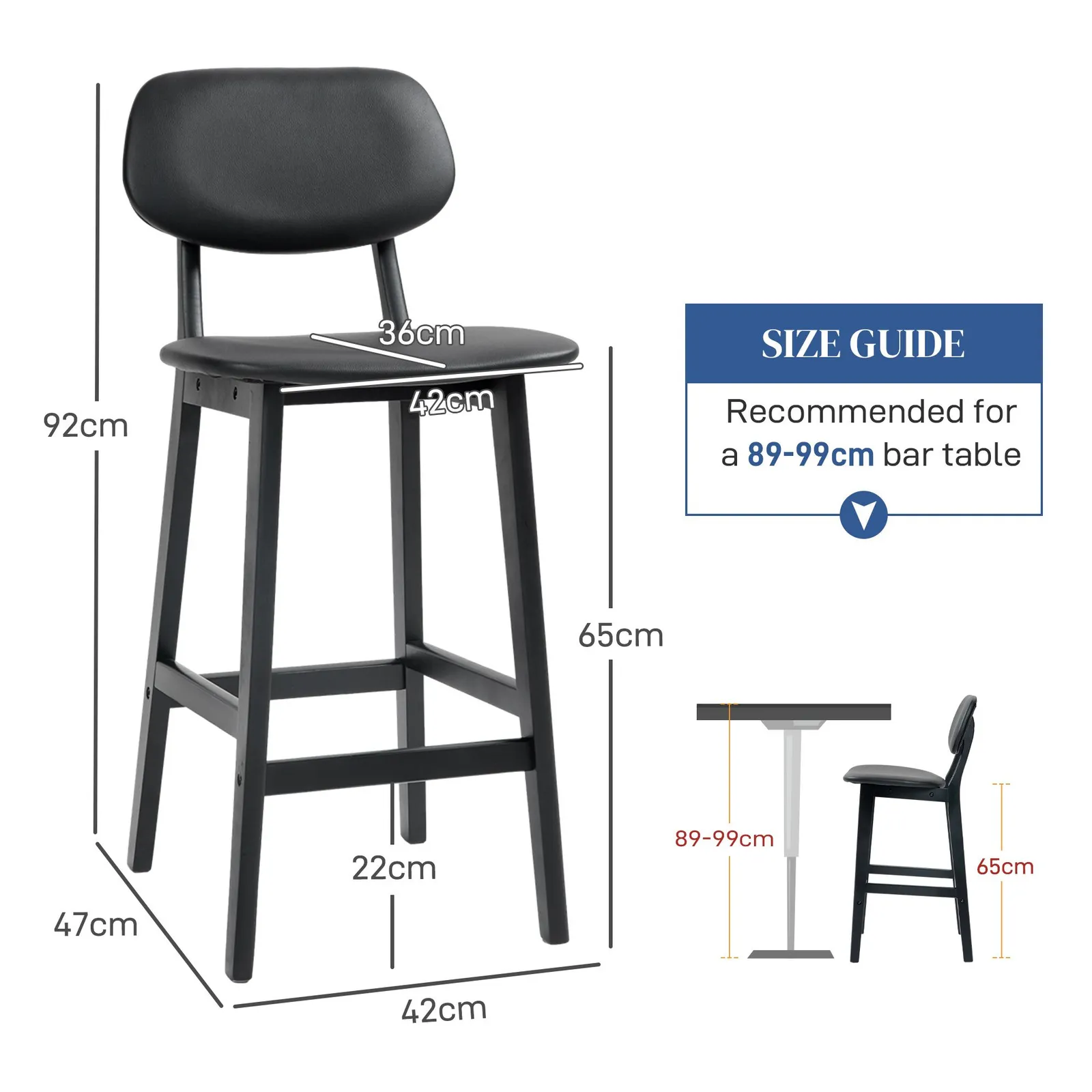 HOMCOM Breakfast Bar stools Set of 2 with PU Leather Cover, Wood Legs in Black 3
