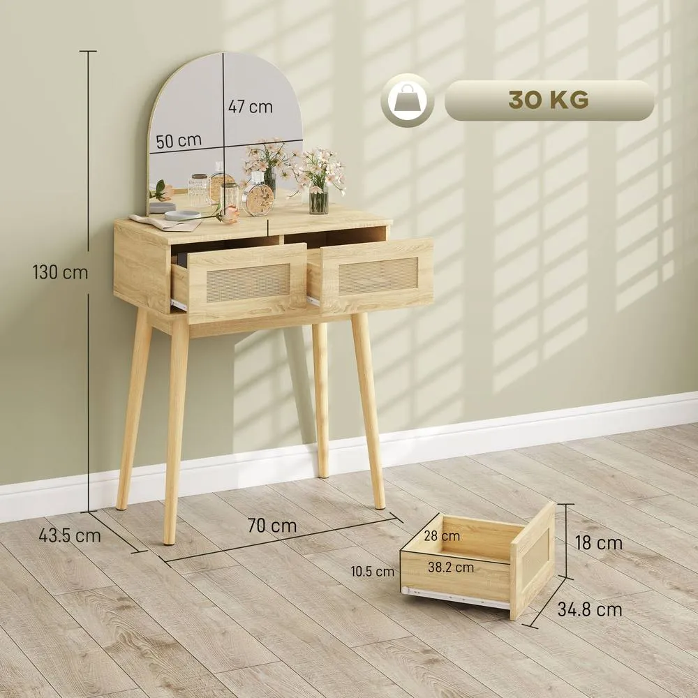 HOMCOM Dressing Table, Vanity Desk w/ Mirror, 2 Drawers, Natural Wood Finish 3