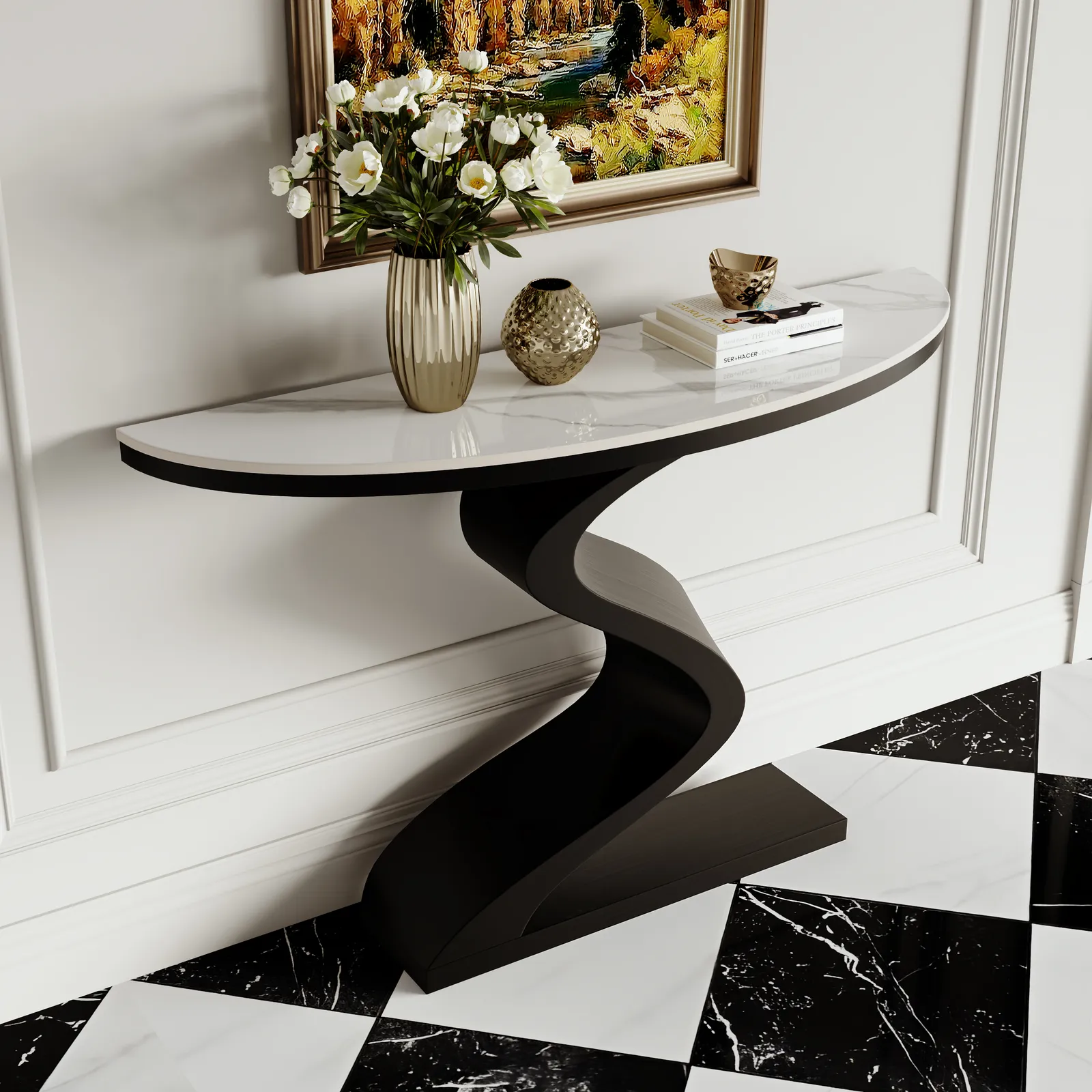 Curved Console Table with Sintered Stone Top Half Moon Shape Entryway Furniture in White & Black (100 cm Wide)