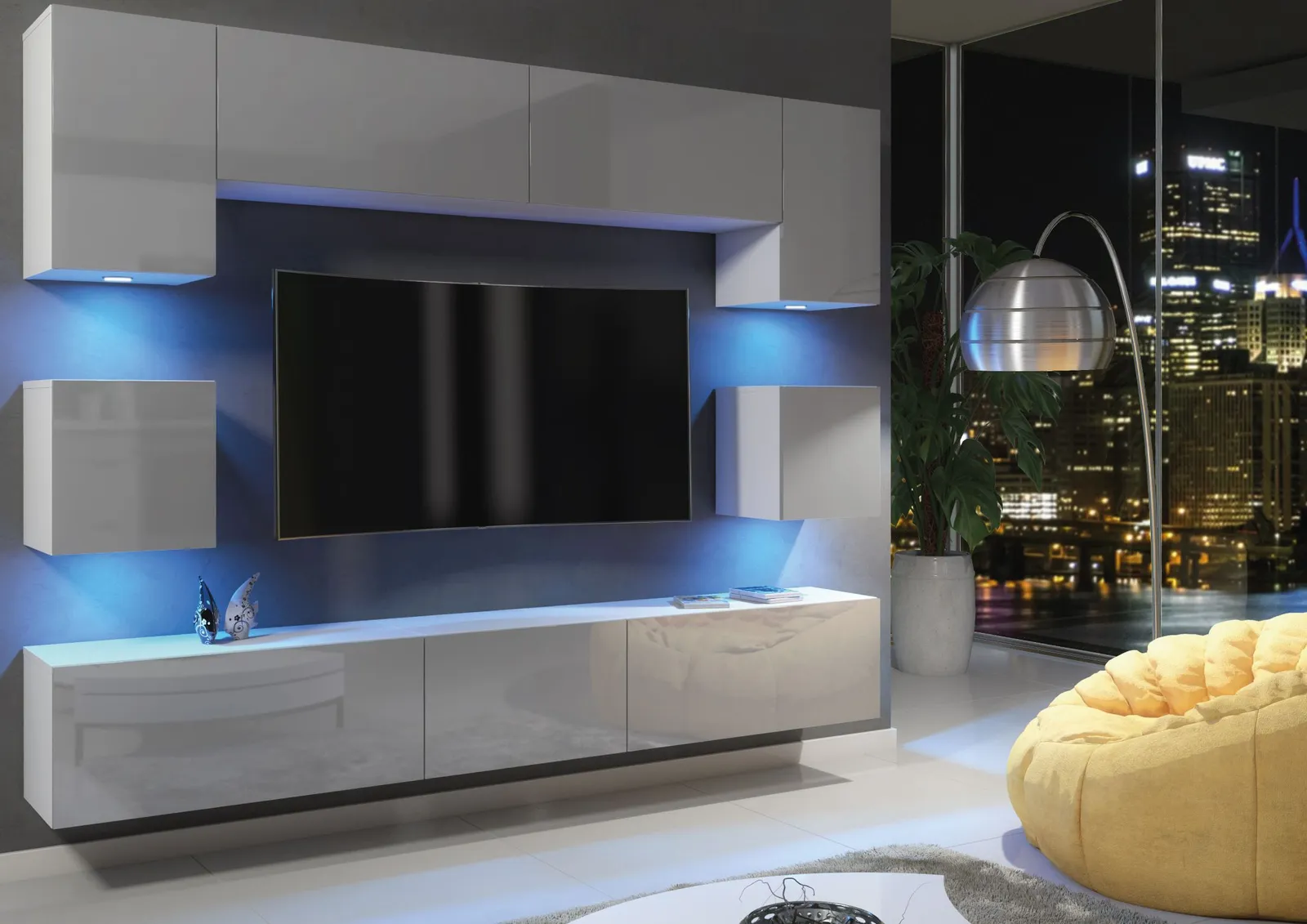 Creative Furniture Panorama Wall TV Unit - A Sleek & Modern Wall Cabinet with Gloss Doors & LED Lights in Grey 4