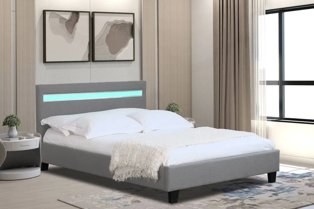 Comfy Living Ltd Modern Hopsack Fabric Upholstered Bedframe With LED Strip in Light Grey 2