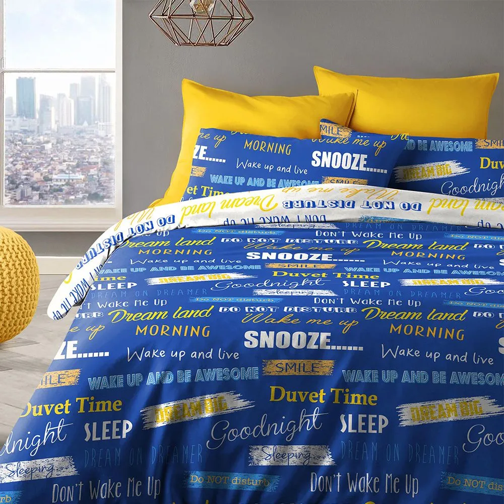 Velosso Wake Me Up Cotton Rich Printed Duvet Cover & Pillowcase Set in Blue