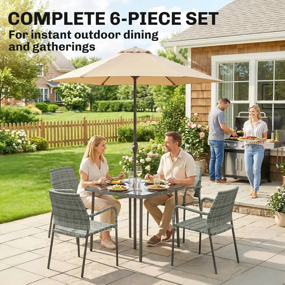 OUTSUNNY 4 Seater Rattan Dining Set with Parasol, Light Grey 4