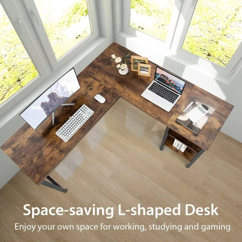 Costway L-Shaped Corner Computer Desk 150cm Large Corner Desk Workstation 2-Tier Shelves in Brown 5